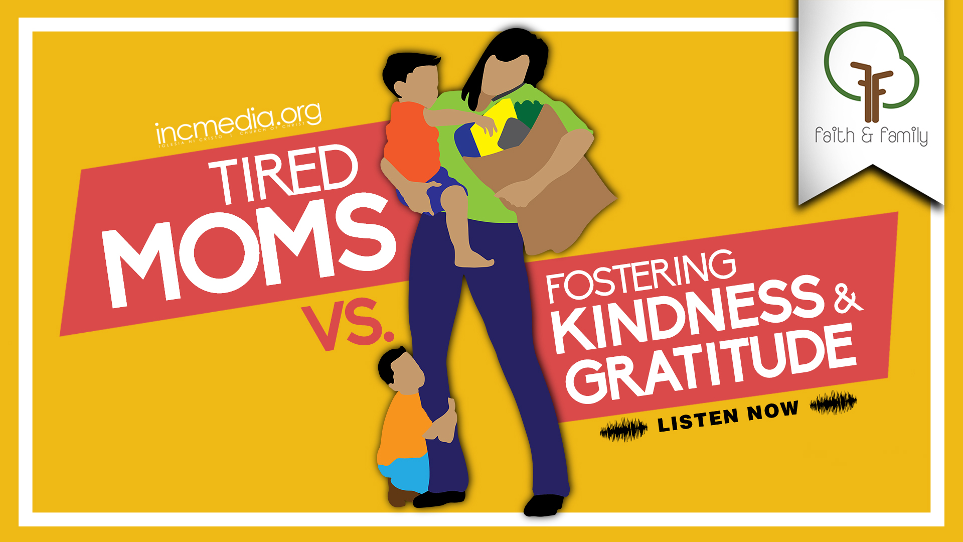 cartoon of mom holding groceries and kid at the same time with another kid holding on to her leg