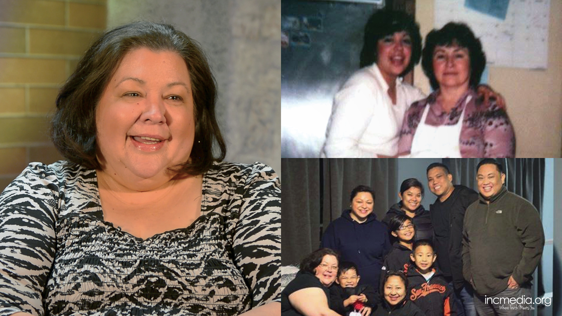collage first picture is of woman with open mouth smile, second is vintage photo of two women smiling, third is family photo
