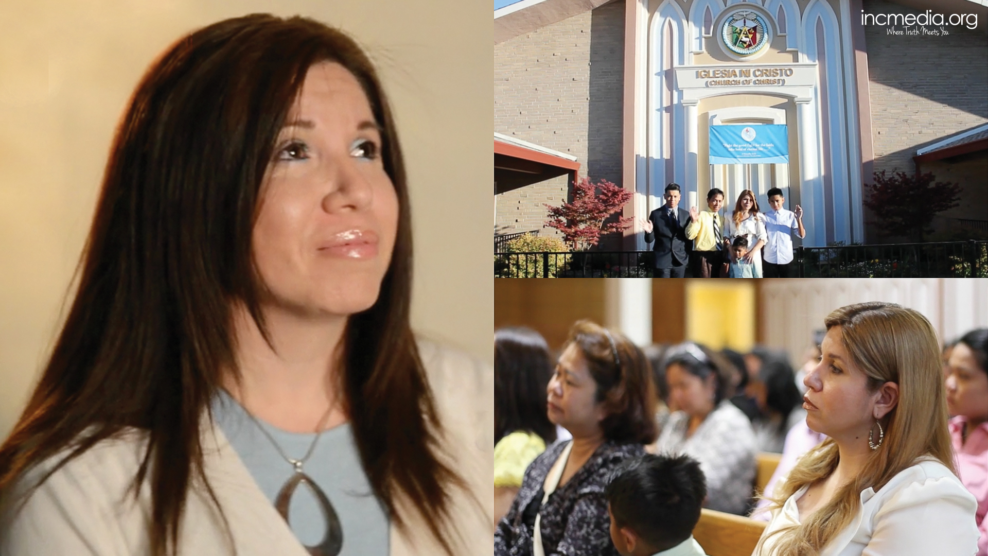 collage, first picture is woman looking up, second is group photo in front of worship building, third is woman listening during worship service