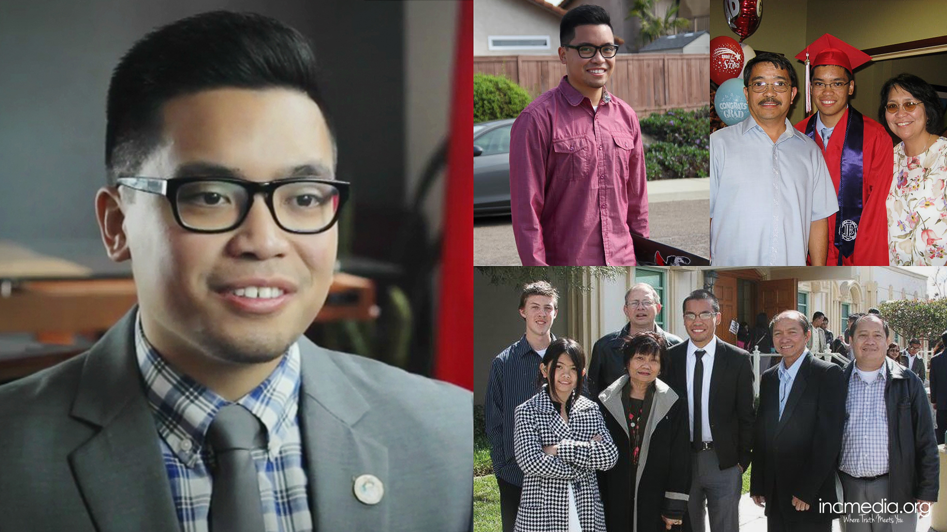 collage, first and second picture is of man smiling, third he is in cap and gown with parents, fourth he posing for a group photo
