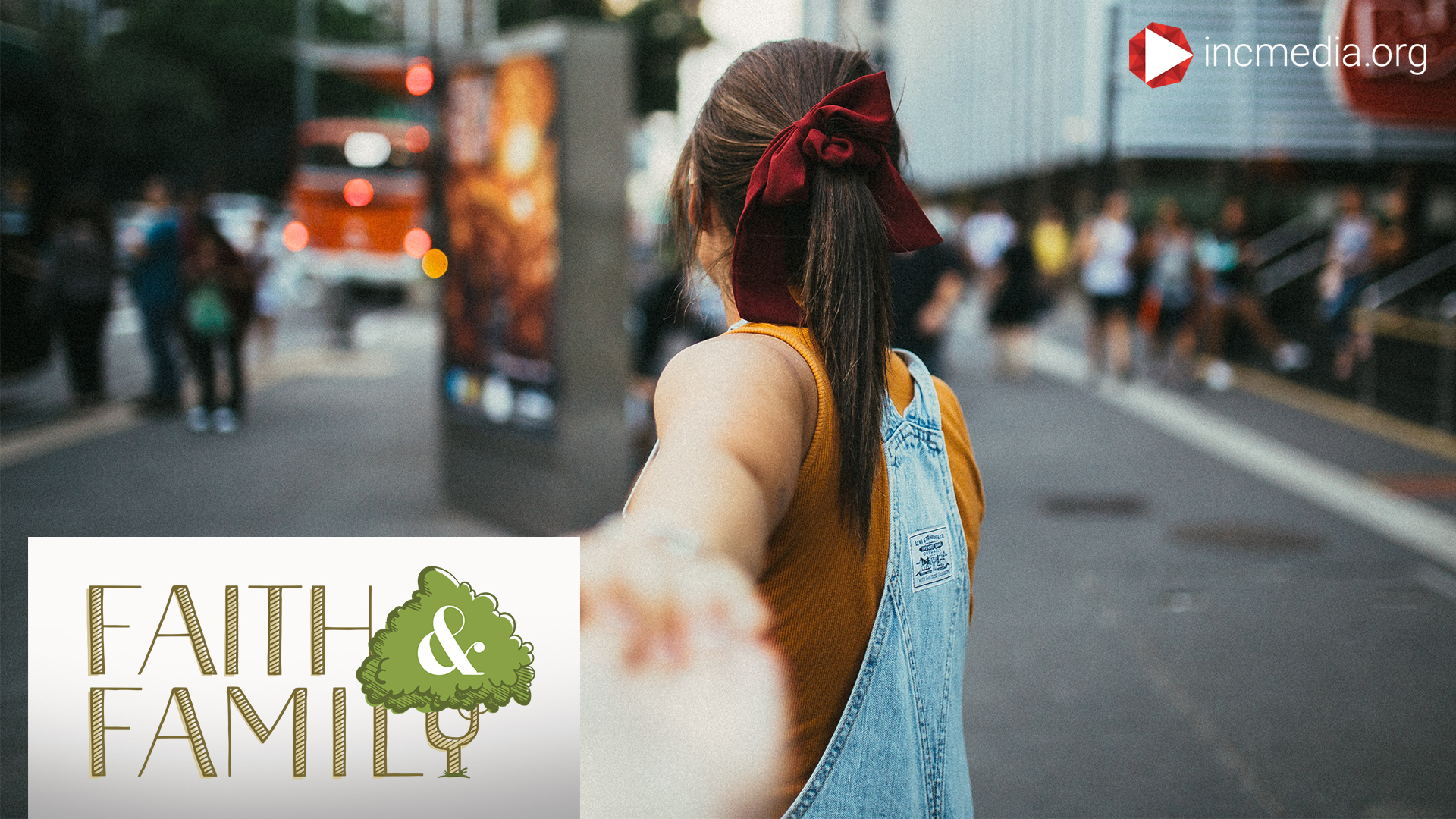 woman turned away from the camera reaching out hand