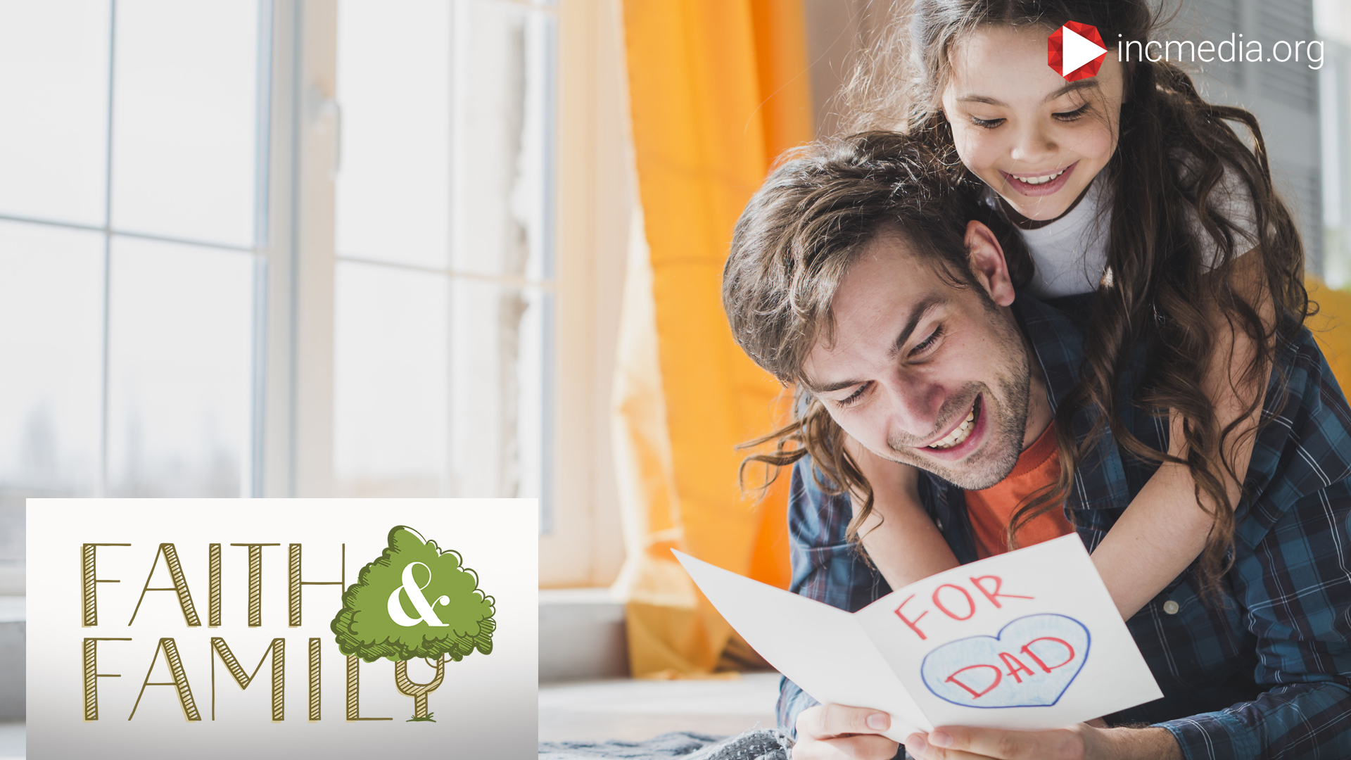daughter riding piggyback with father reading a card she made for him