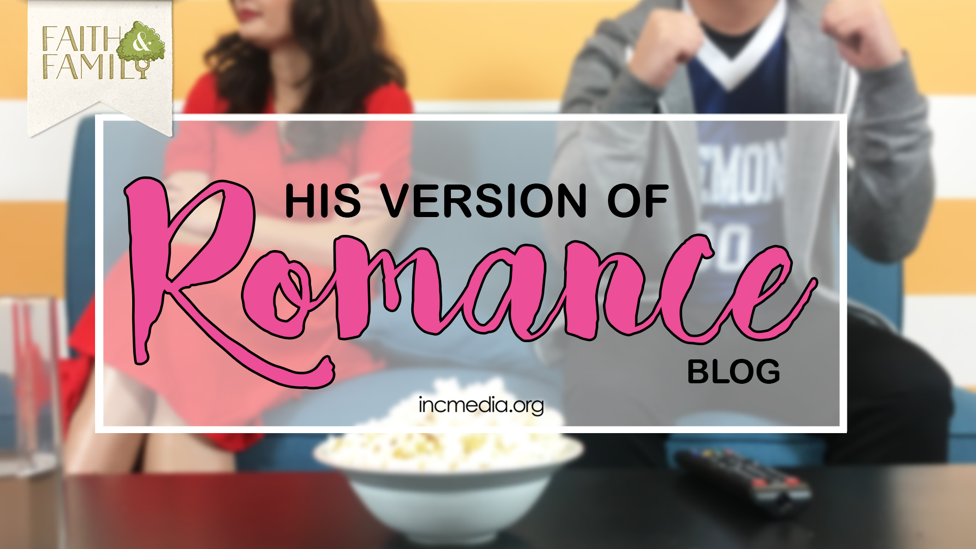 Couple sitting on a couch about to watch tv, female is disinterested.