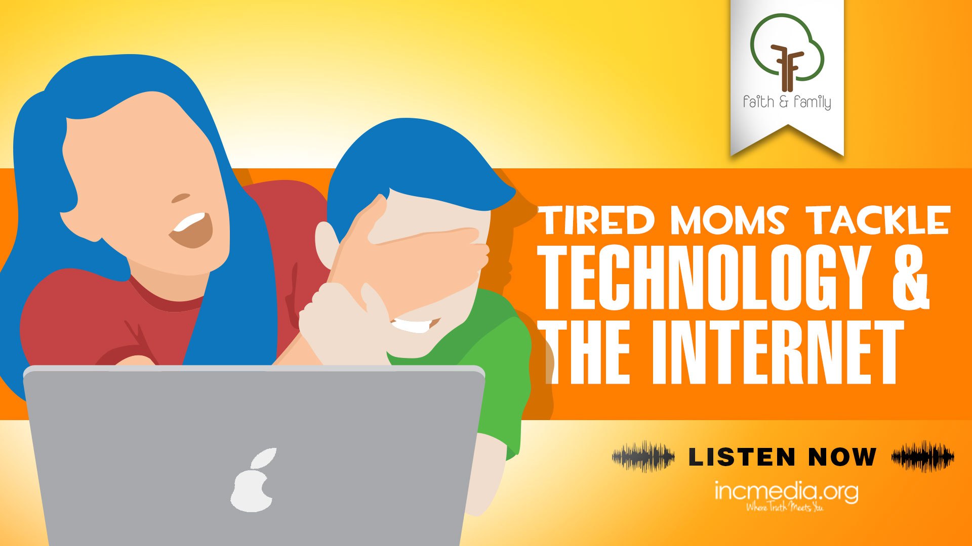 cartoon of mom covering the eyes of son in front of the laptop