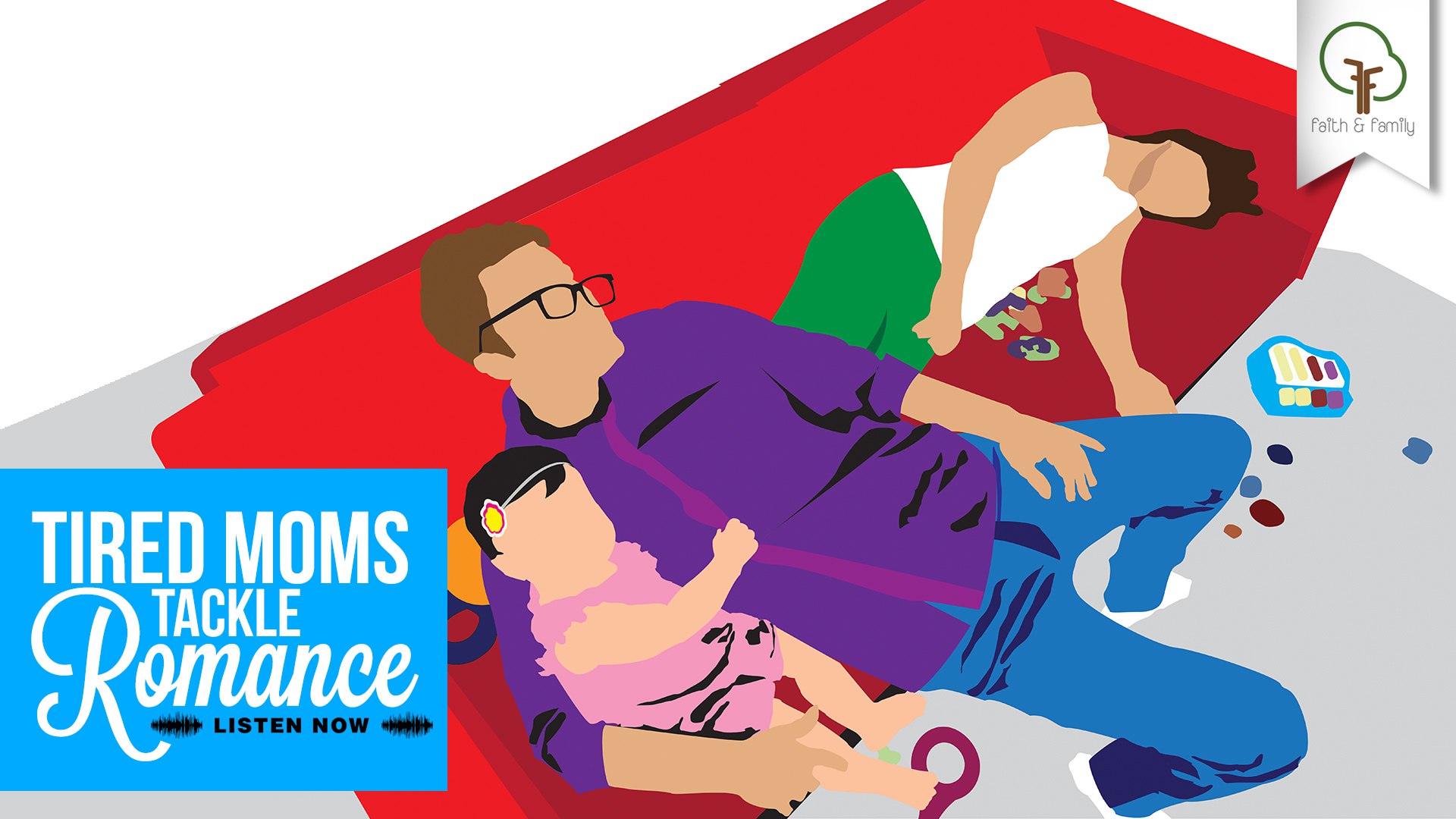 cartoon of dad, mom tired laying down on the couch with dad holding a toddler girl