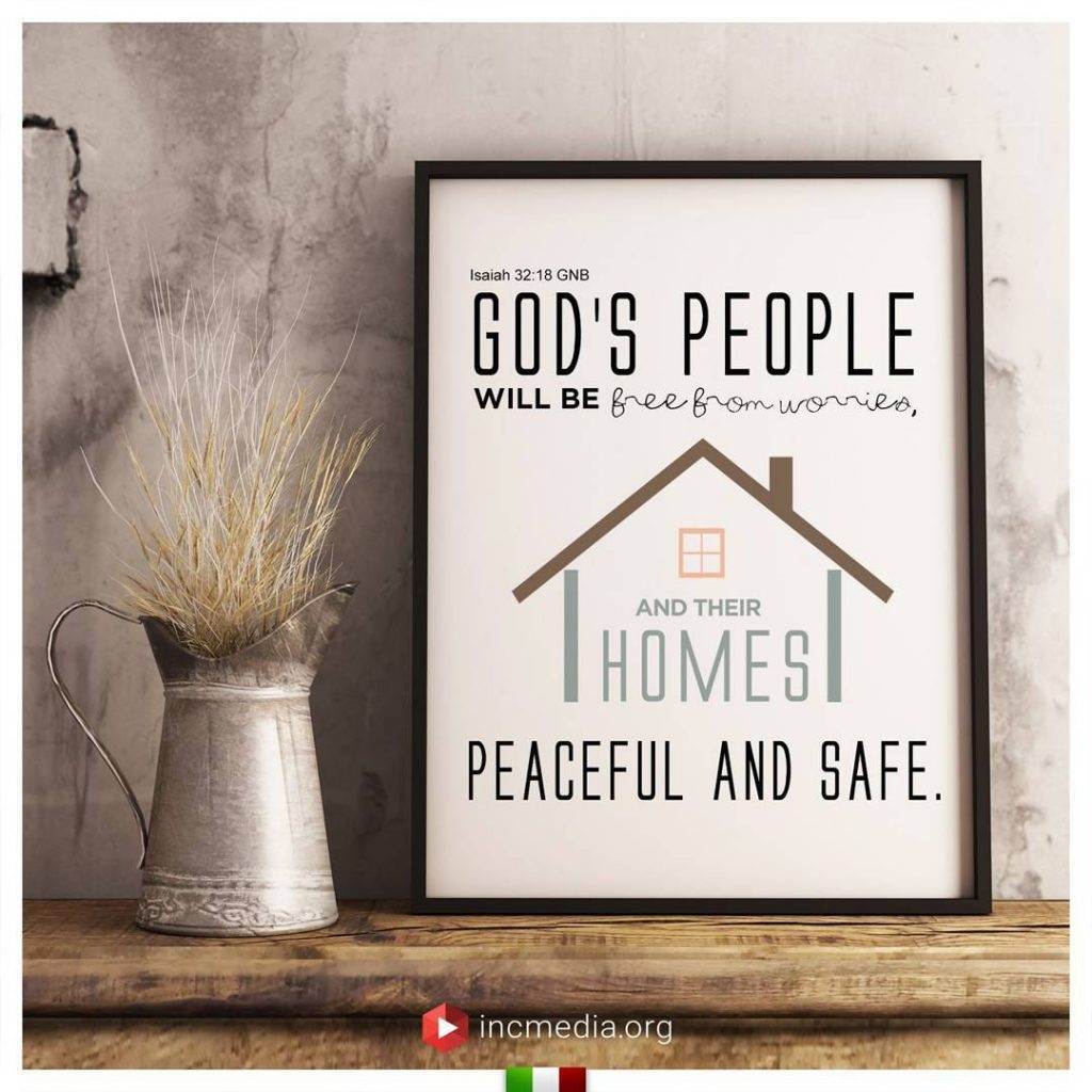 A wooden shelf with decorated with Bible verse inside a picture frame, Isaiah 32:16 God’s people will be free
from worries, and their homes peaceful and safe.