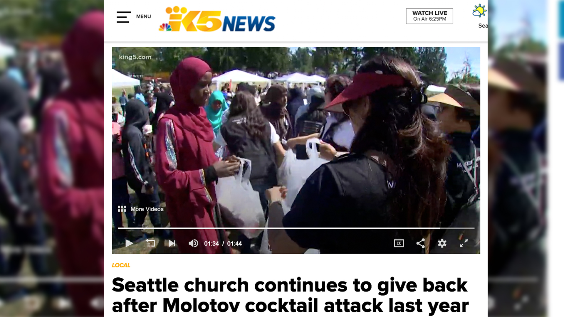 NBC King5 News page with headline “ Seattle Church continues to give back after molotov cocktail attack last year”