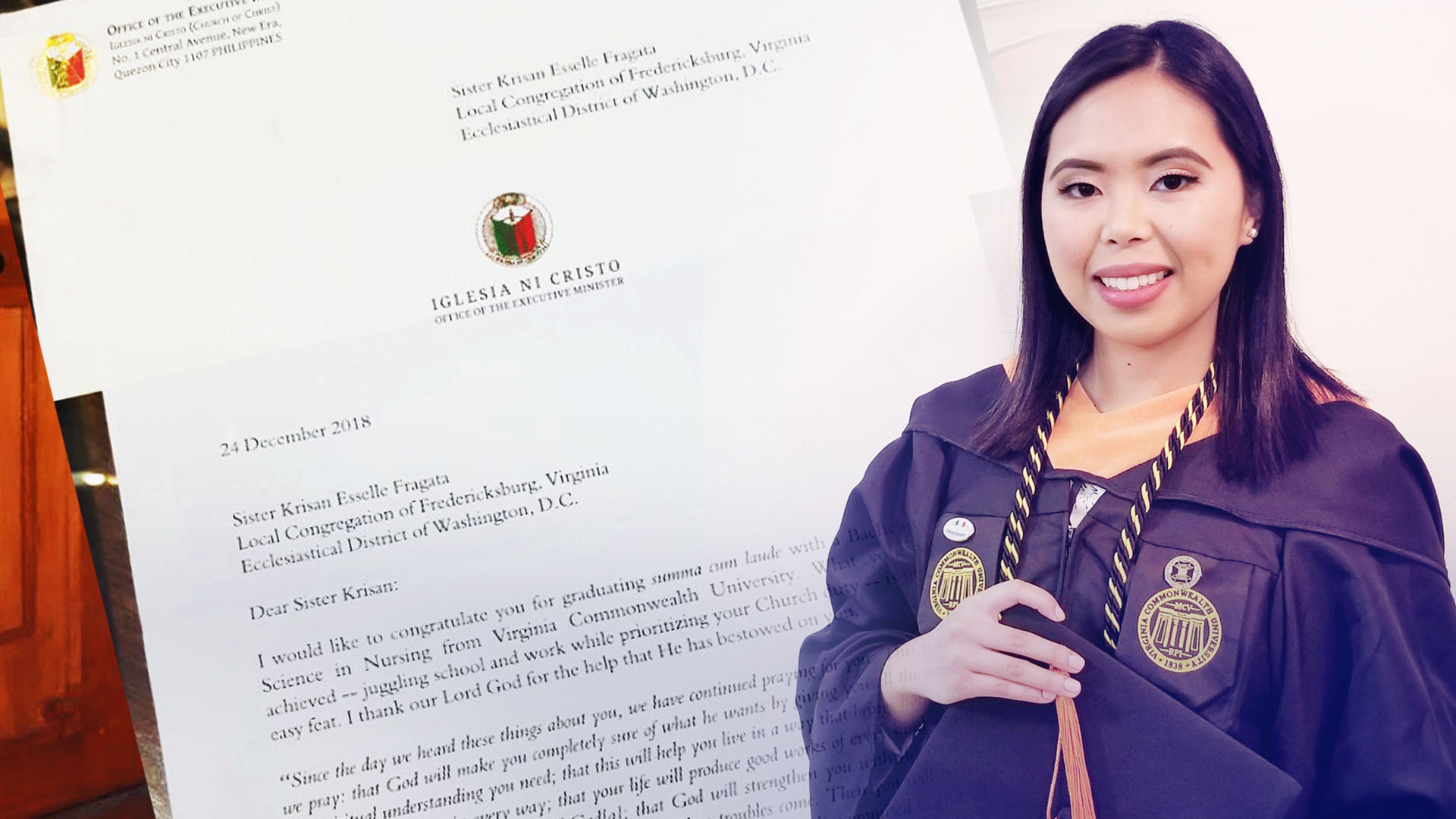 A young woman’s graduation photo with a letter she received from the Executive Minister of the Iglesia Ni Cristo (Church of Christ).